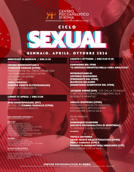 CPdR - Sexual, tre incontri: 14/01, 27/04 e 03/10/2026