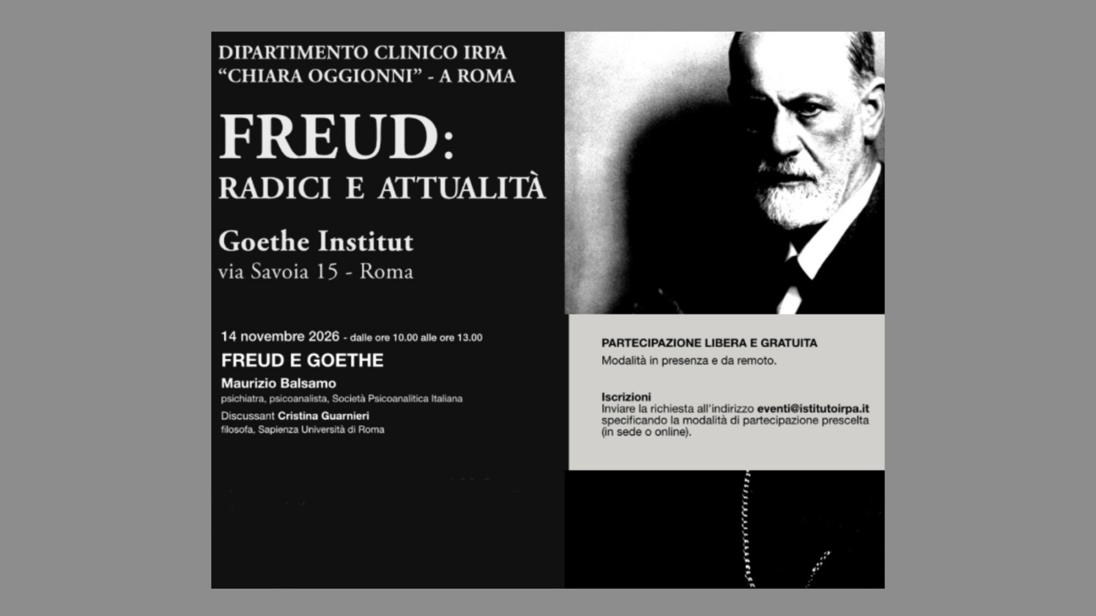 Freud: radici e attualità. Roma e online, 14/11/2026